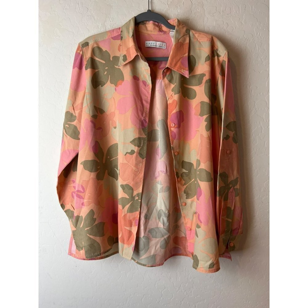 First Issue by Liz Claiborne Sz L Pink Orange Green Floral Print Button Up Blous